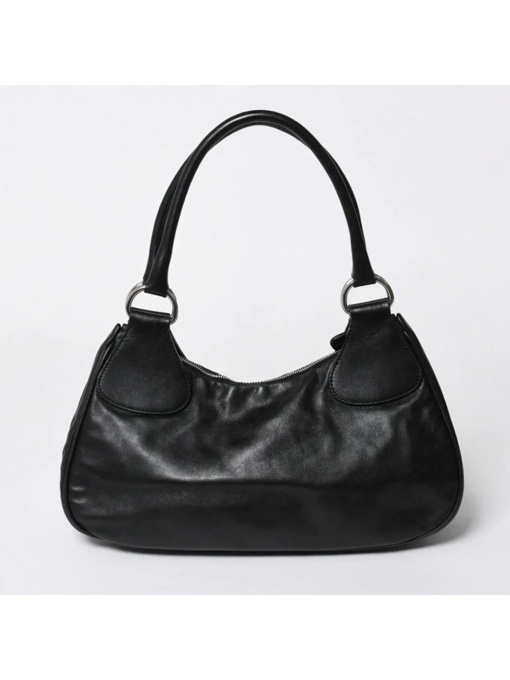 Prada Black Leather Handbag Silver Metal Patent Plate